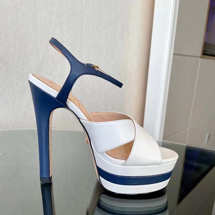 Gucci Women GG Platform Sandal Off White Blue Navy Leather High 13 CM Heel