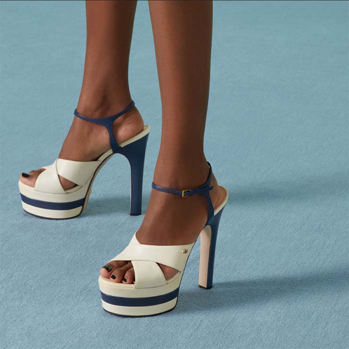 Gucci Women GG Platform Sandal Off White Blue Navy Leather High 13 CM Heel