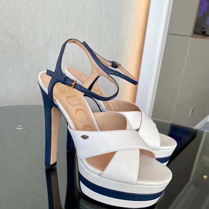Gucci Women GG Platform Sandal Off White Blue Navy Leather High 13 CM Heel