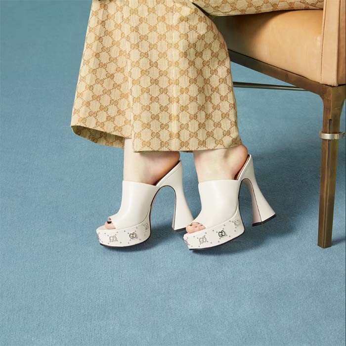 Gucci Women GG Platform Slide Sandal Off White Leather Spool High 11 Cm Heel
