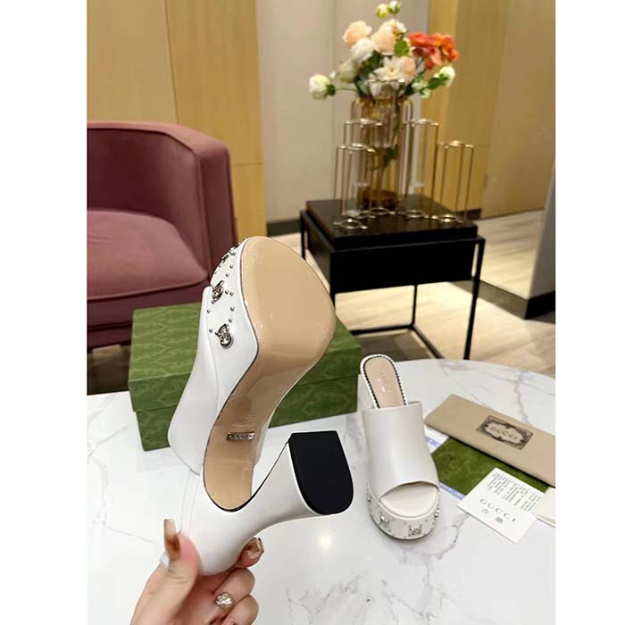 Gucci Women GG Platform Slide Sandal Off White Leather Spool High 11 Cm Heel