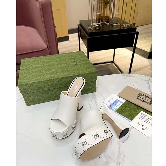 Gucci Women GG Platform Slide Sandal Off White Leather Spool High 11 Cm Heel