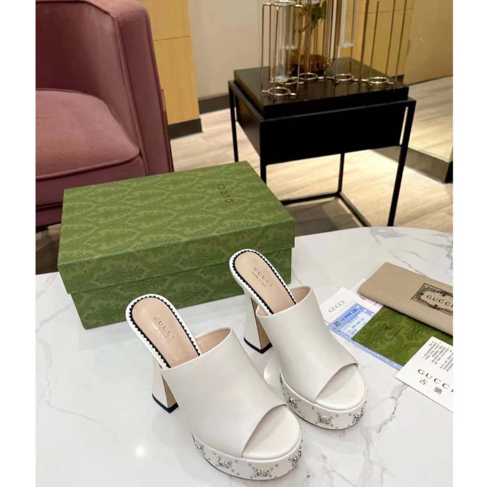 Gucci Women GG Platform Slide Sandal Off White Leather Spool High 11 Cm Heel