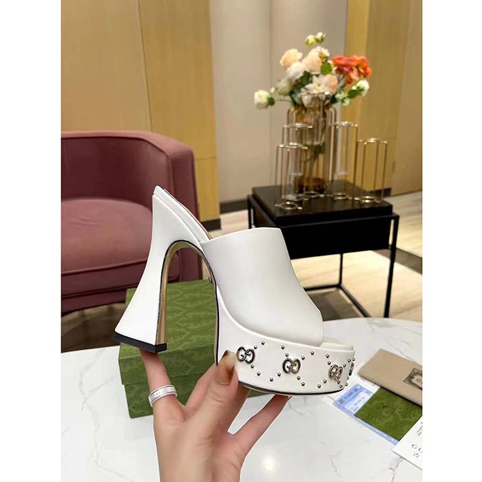 Gucci Women GG Platform Slide Sandal Off White Leather Spool High 11 Cm Heel