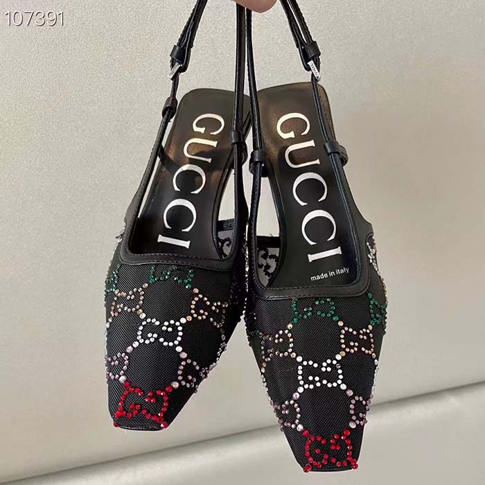 Gucci Women GG Slingback Pump Black GG Crystal Mesh Leather Mid 7.6 cm Heel