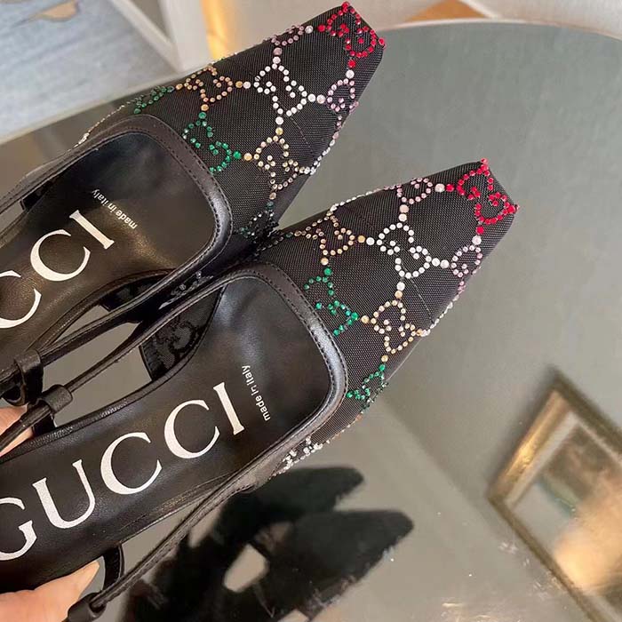 Gucci Women GG Slingback Pump Black GG Crystal Mesh Leather Mid 7.6 cm Heel