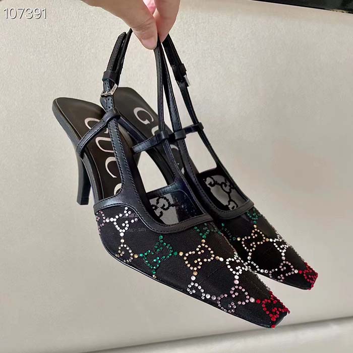 Gucci Women GG Slingback Pump Black GG Crystal Mesh Leather Mid 7.6 cm Heel