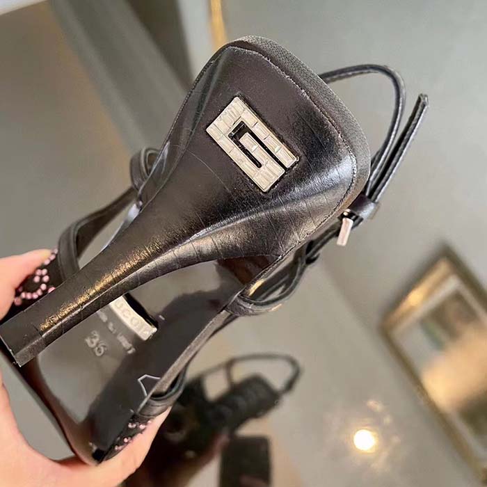 Gucci Women GG Slingback Pump Black GG Crystal Mesh Leather Mid 7.6 cm Heel