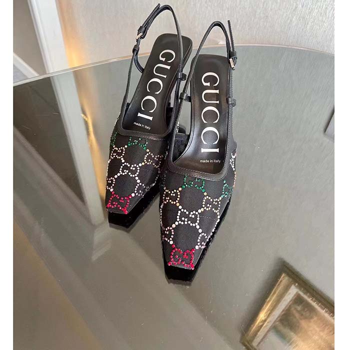 Gucci Women GG Slingback Pump Black GG Crystal Mesh Leather Mid 7.6 cm Heel