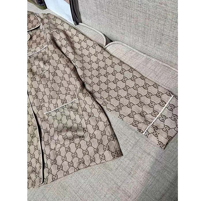 Gucci Men GG Supreme Print Beige Ebony Silk Piped Notch Collar Long Sleeves