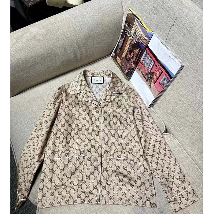 Gucci Men GG Supreme Print Beige Ebony Silk Piped Notch Collar Long Sleeves