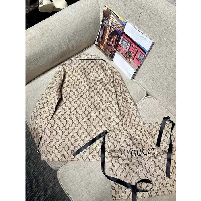 Gucci Men GG Supreme Print Beige Ebony Silk Piped Notch Collar Long Sleeves