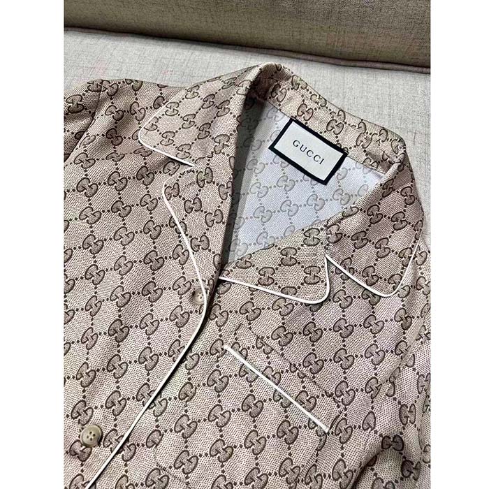 Gucci Men GG Supreme Print Beige Ebony Silk Piped Notch Collar Long Sleeves