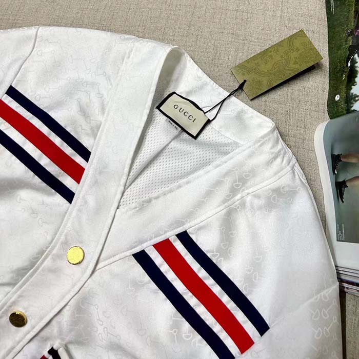 Gucci Women GG Technical Jersey Cardigan Web White V-Neck Dropped Shoulder Long Sleeves