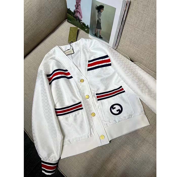Gucci Women GG Technical Jersey Cardigan Web White V-Neck Dropped Shoulder Long Sleeves