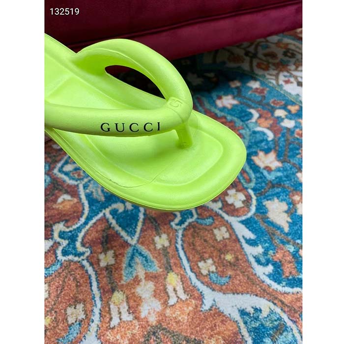 Gucci Women GG Thong Platform Slide Sandal Light Green Rubber Mid 5 CM Heel