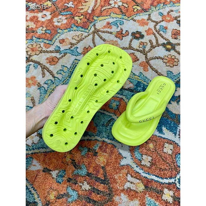 Gucci Women GG Thong Platform Slide Sandal Light Green Rubber Mid 5 CM Heel