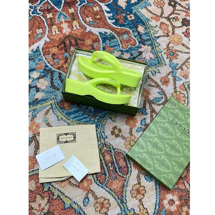 Gucci Women GG Thong Platform Slide Sandal Light Green Rubber Mid 5 CM Heel