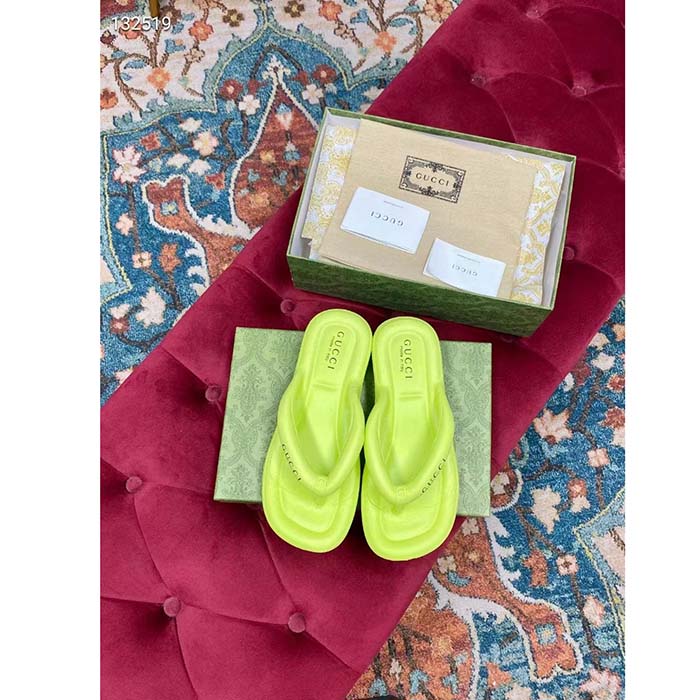 Gucci Women GG Thong Platform Slide Sandal Light Green Rubber Mid 5 CM Heel