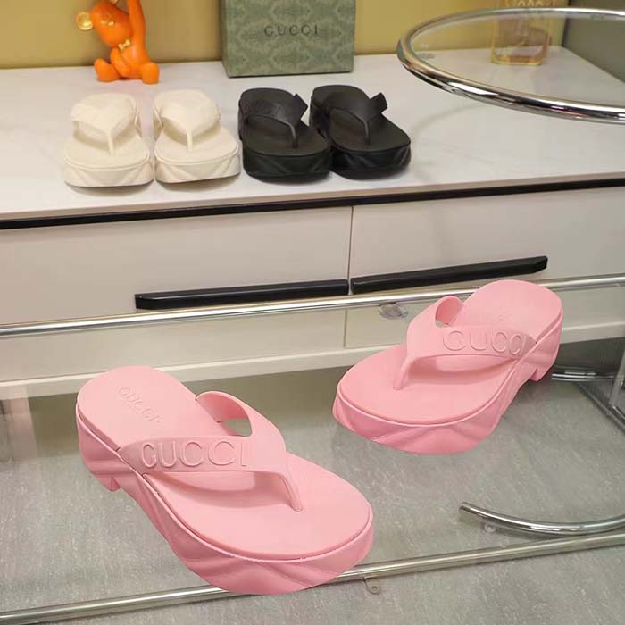 Gucci Women GG Thong Platform Slide Sandal Pink Rubber Mid 5 CM Heel