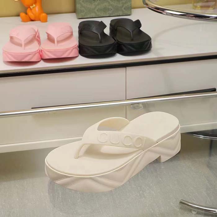 Gucci Women GG Thong Platform Slide Sandal White Rubber Mid 5 CM Heel