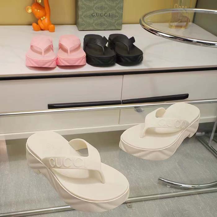 Gucci Women GG Thong Platform Slide Sandal White Rubber Mid 5 CM Heel