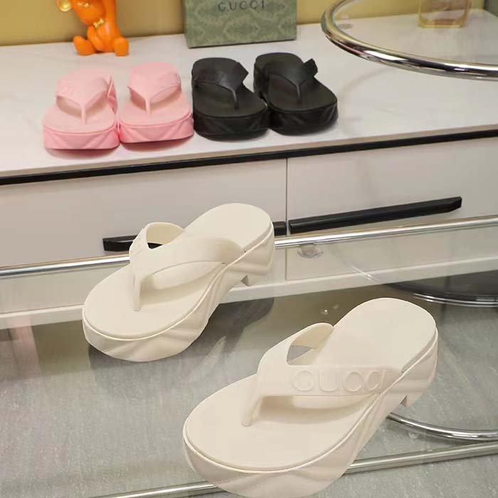 Gucci Women GG Thong Platform Slide Sandal White Rubber Mid 5 CM Heel