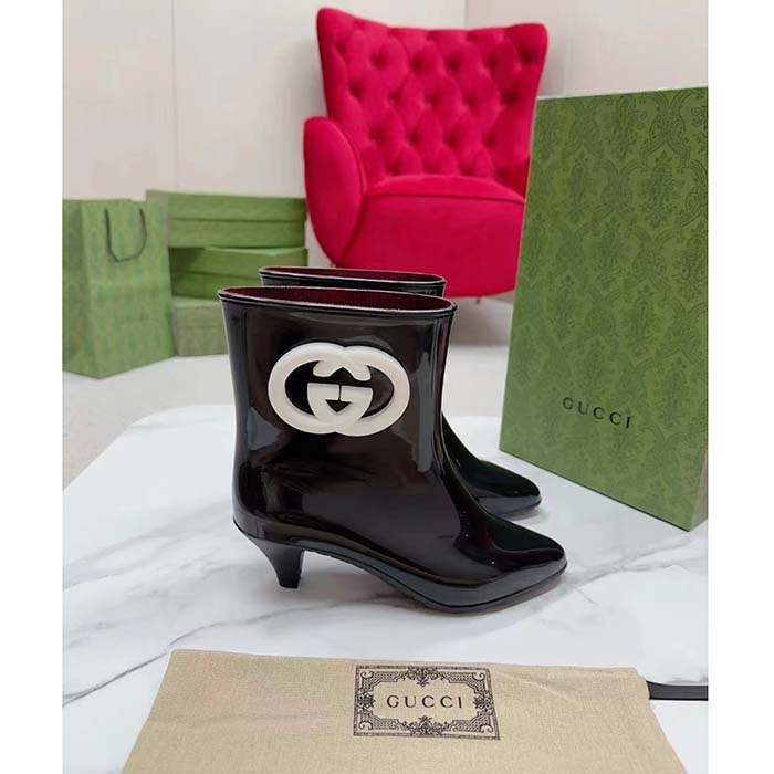Gucci Women Interlocking G Ankle Boot Black Shiny Rubber Matte Point Toe Low-Heel