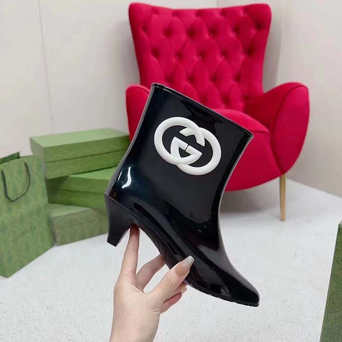 Gucci Women Interlocking G Ankle Boot Black Shiny Rubber Matte Point Toe Low-Heel