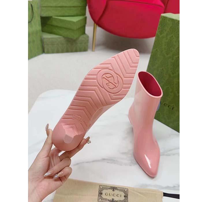 Gucci Women Interlocking G Ankle Boot Pink Shiny Rubber Matte Point Toe Low-Heel