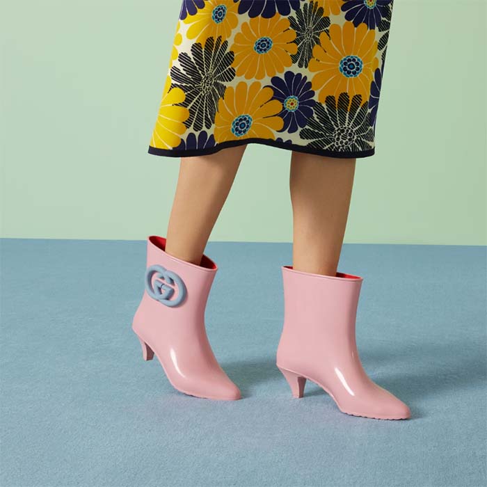 Gucci Women Interlocking G Ankle Boot Pink Shiny Rubber Matte Point Toe Low-Heel