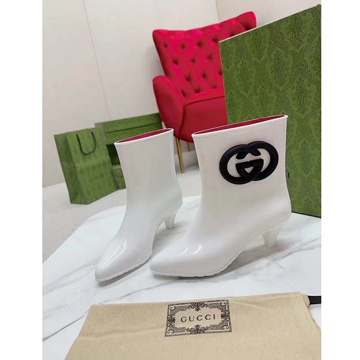 Gucci Women Interlocking G Ankle Boot White Shiny Rubber Matte Point Toe Low-Heel