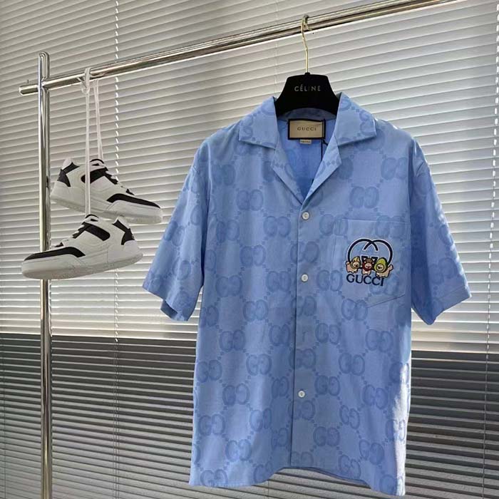Gucci Women Jumbo GG Cotton Jacquard Bowling Shirt Light Blue Point Collar Short Sleeves