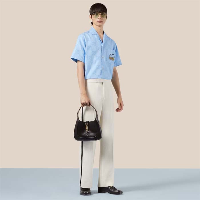Gucci Men Jumbo GG Cotton Jacquard Bowling Shirt Light Blue Point Collar Short Sleeves