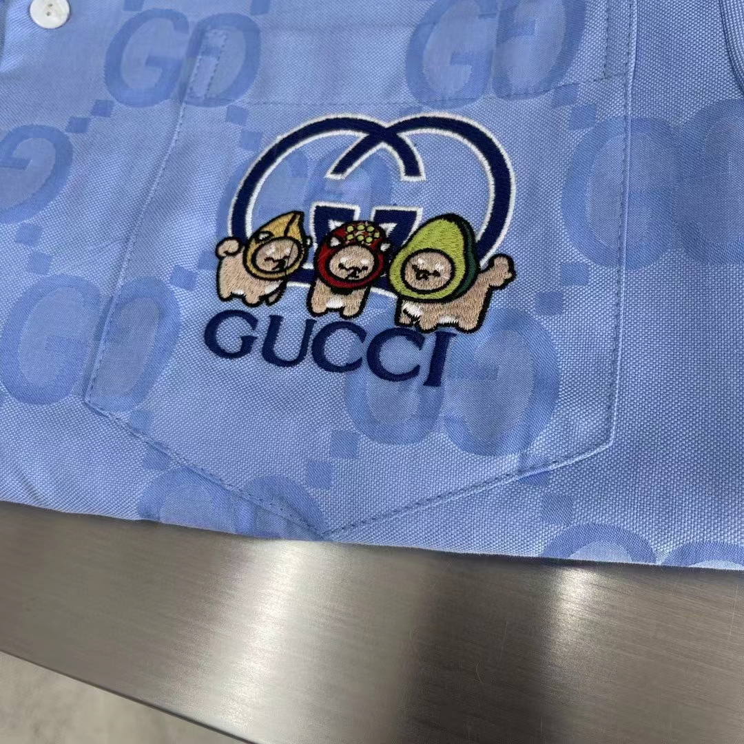 Gucci Women Jumbo GG Cotton Jacquard Bowling Shirt Light Blue Point Collar Short Sleeves