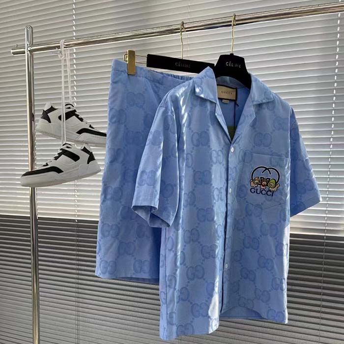Gucci Women Jumbo GG Cotton Jacquard Bowling Shirt Light Blue Point Collar Short Sleeves