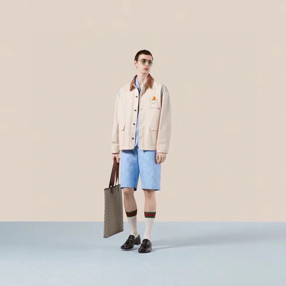 Gucci Men Jumbo GG Cotton Jacquard Bowling Shirt Light Blue Point Collar Short Sleeves