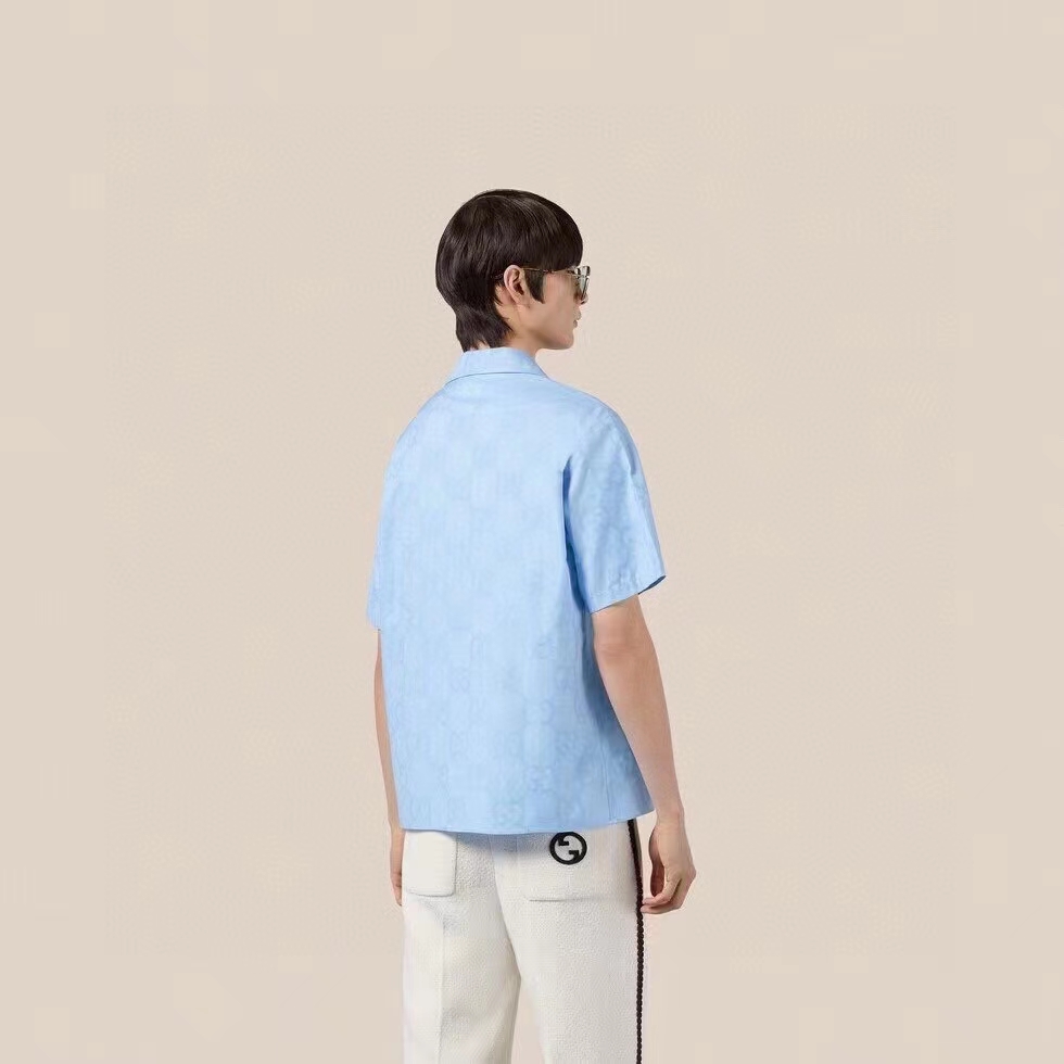 Gucci Men Jumbo GG Cotton Jacquard Bowling Shirt Light Blue Point Collar Short Sleeves