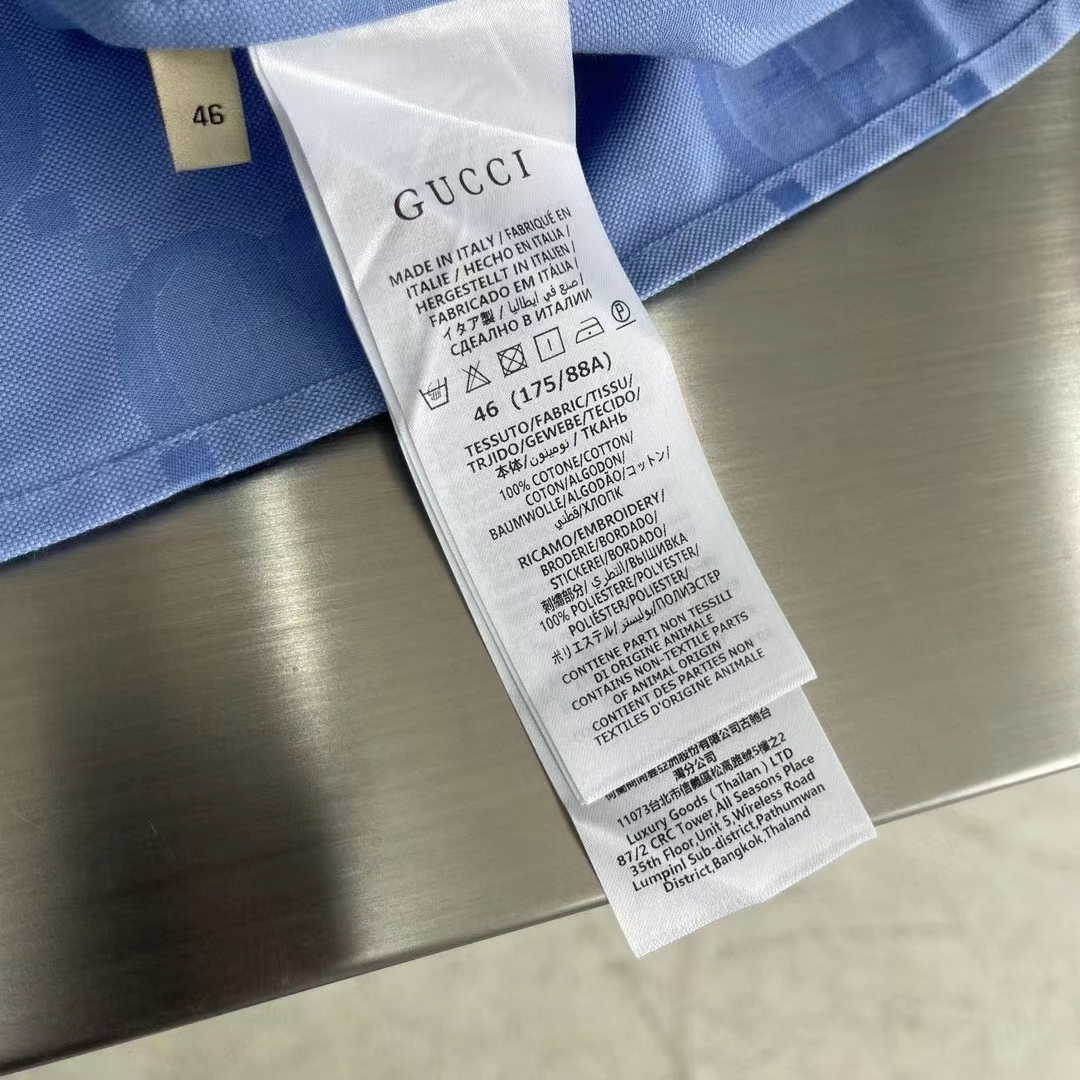 Gucci Women Jumbo GG Cotton Jacquard Bowling Shirt Light Blue Point Collar Short Sleeves