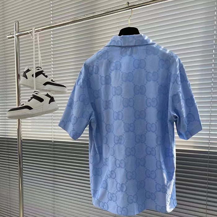 Gucci Women Jumbo GG Cotton Jacquard Bowling Shirt Light Blue Point Collar Short Sleeves