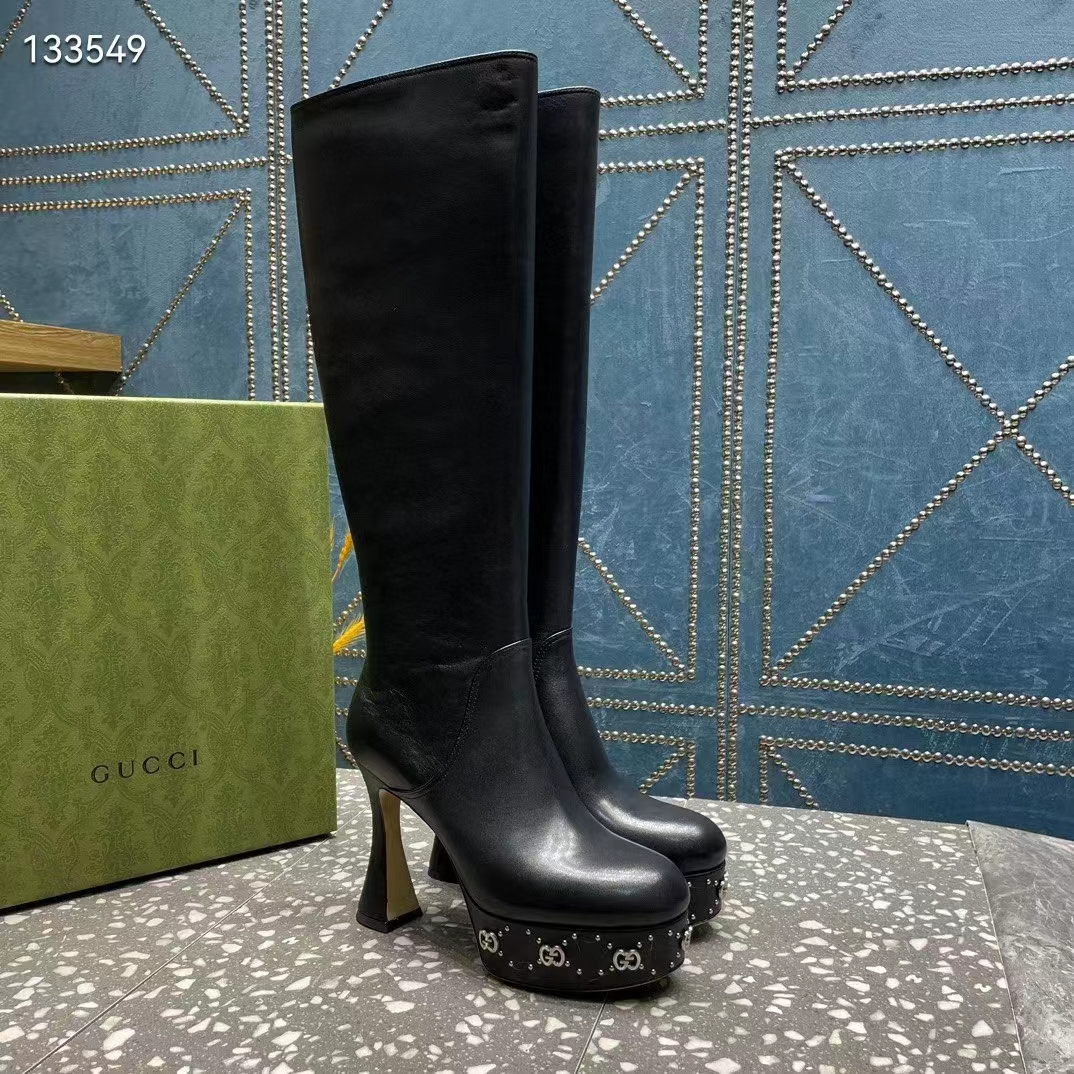 Gucci Women Platform Boot GG Studs Black Leather Spool High 11.4 CM Heel