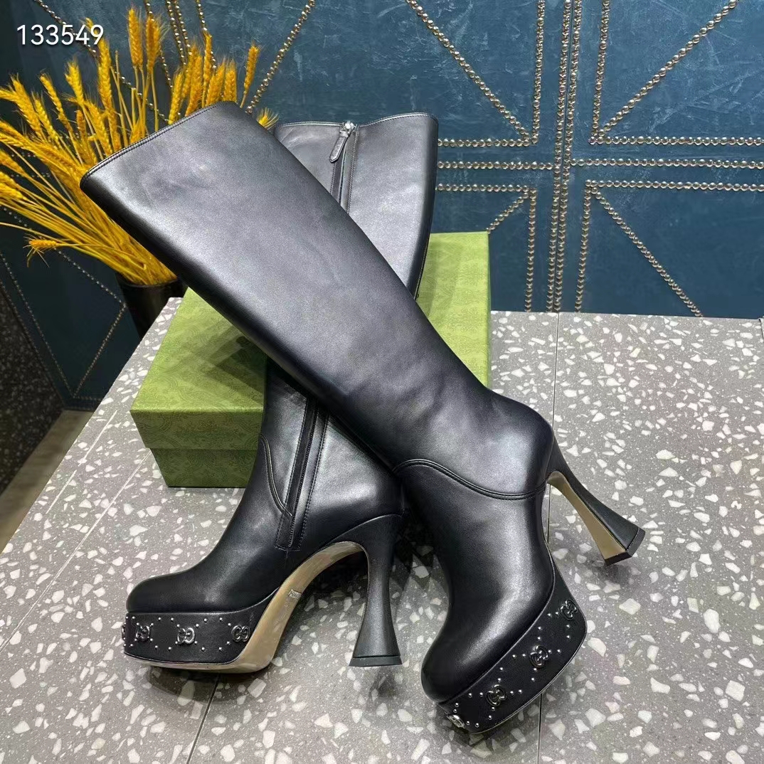 Gucci Women Platform Boot GG Studs Black Leather Spool High 11.4 CM Heel