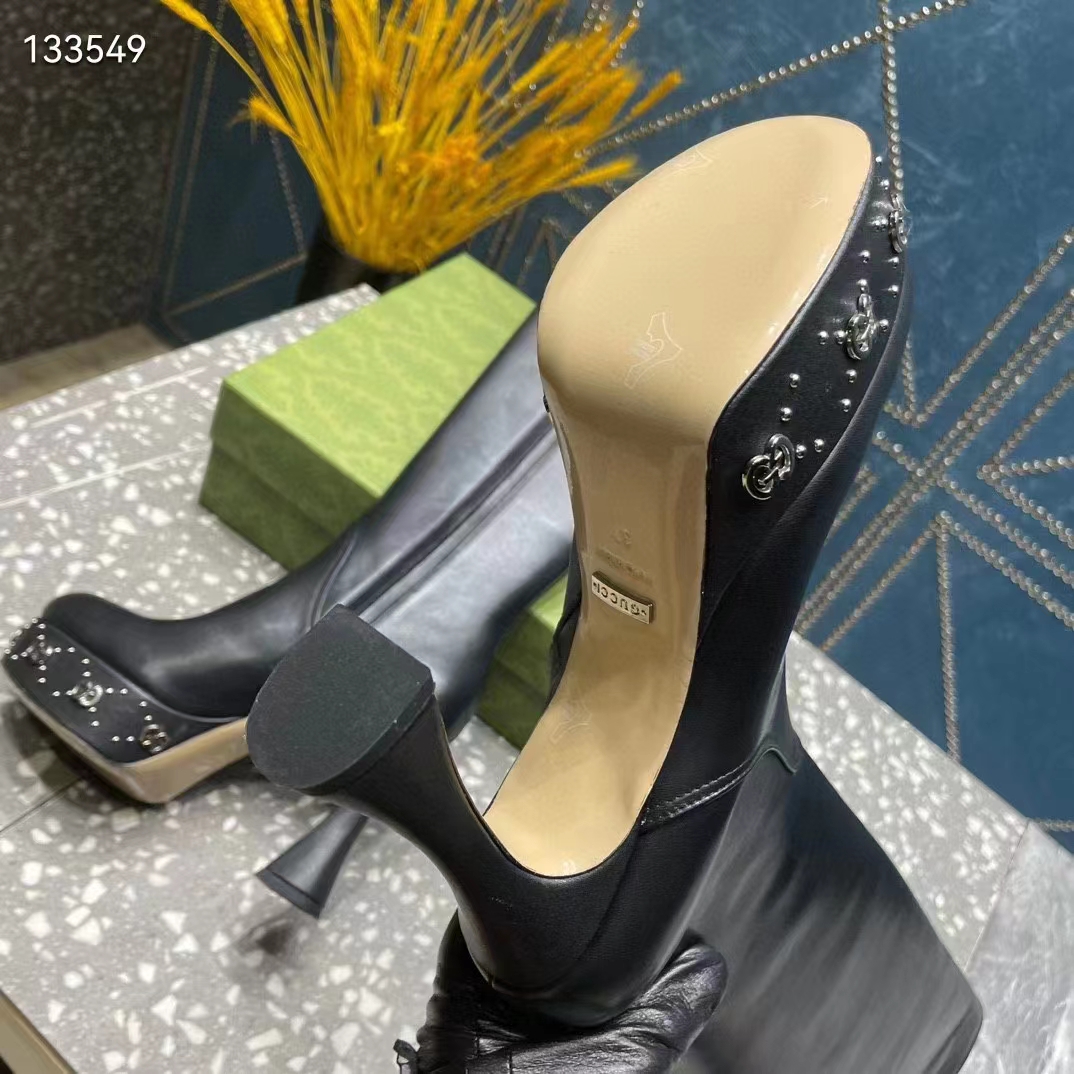 Gucci Women Platform Boot GG Studs Black Leather Spool High 11.4 CM Heel
