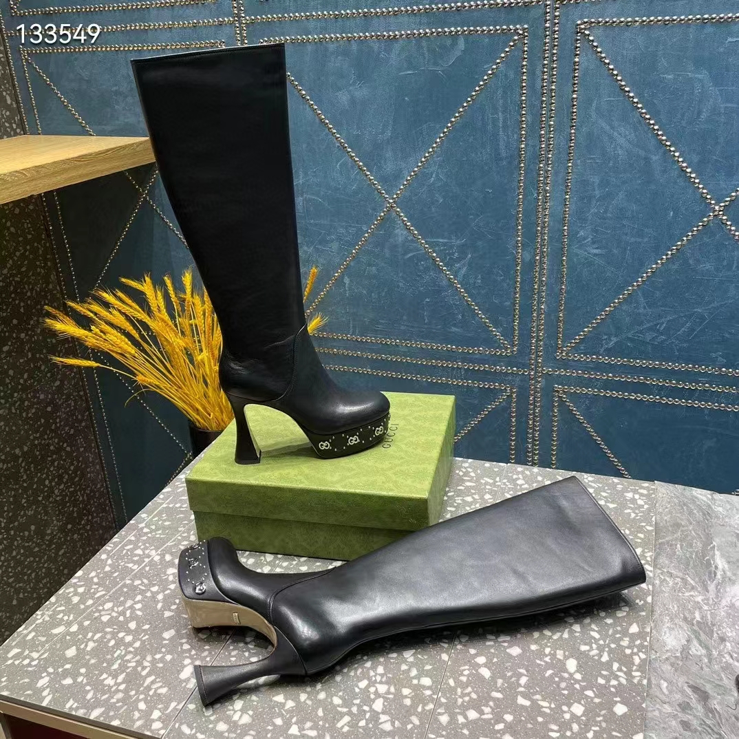 Gucci Women Platform Boot GG Studs Black Leather Spool High 11.4 CM Heel