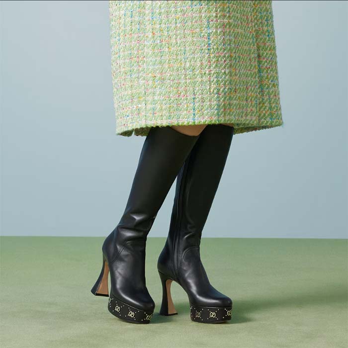 Gucci Women Platform Boot GG Studs Black Leather Spool High 11.4 CM Heel