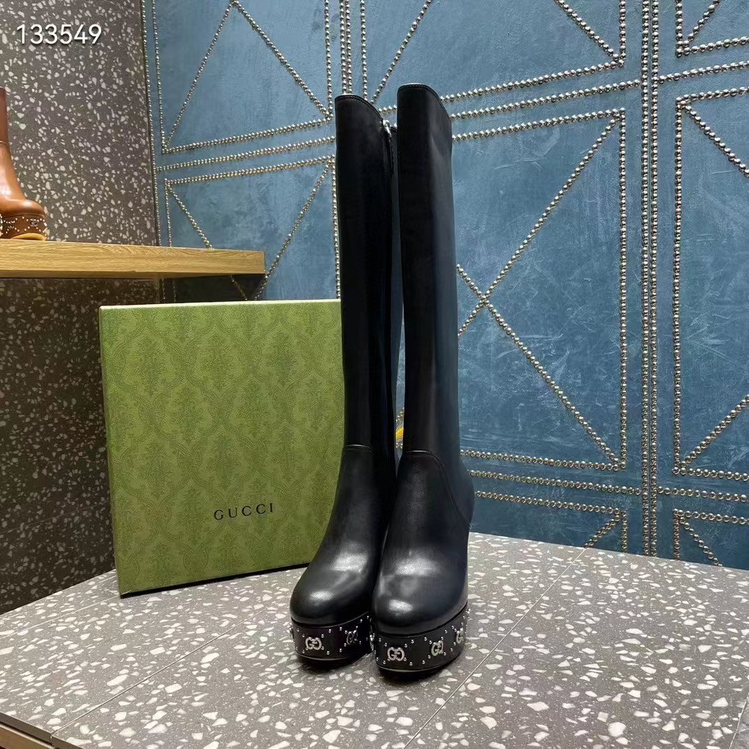 Gucci Women Platform Boot GG Studs Black Leather Spool High 11.4 CM Heel