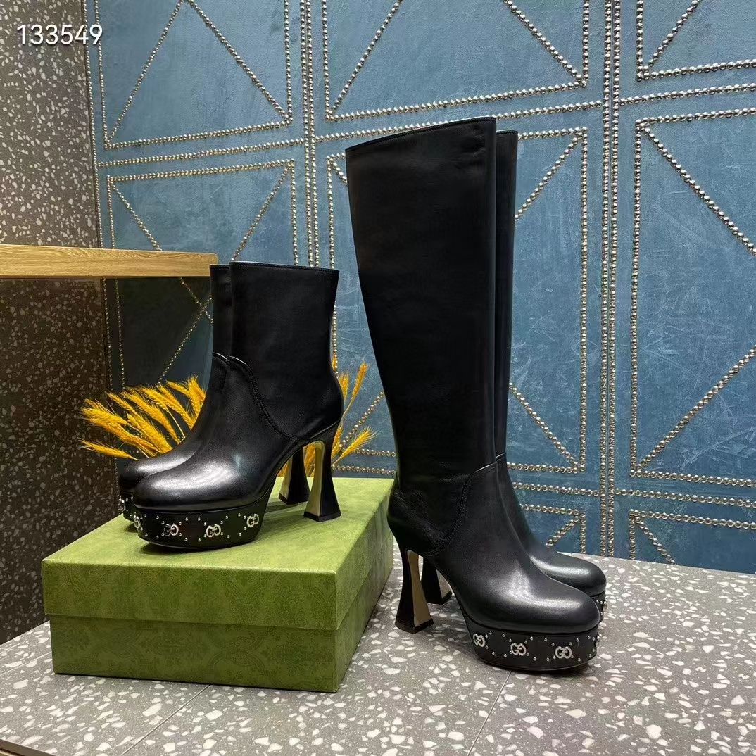 Gucci Women Platform Boot GG Studs Black Leather Spool High 11.4 CM Heel