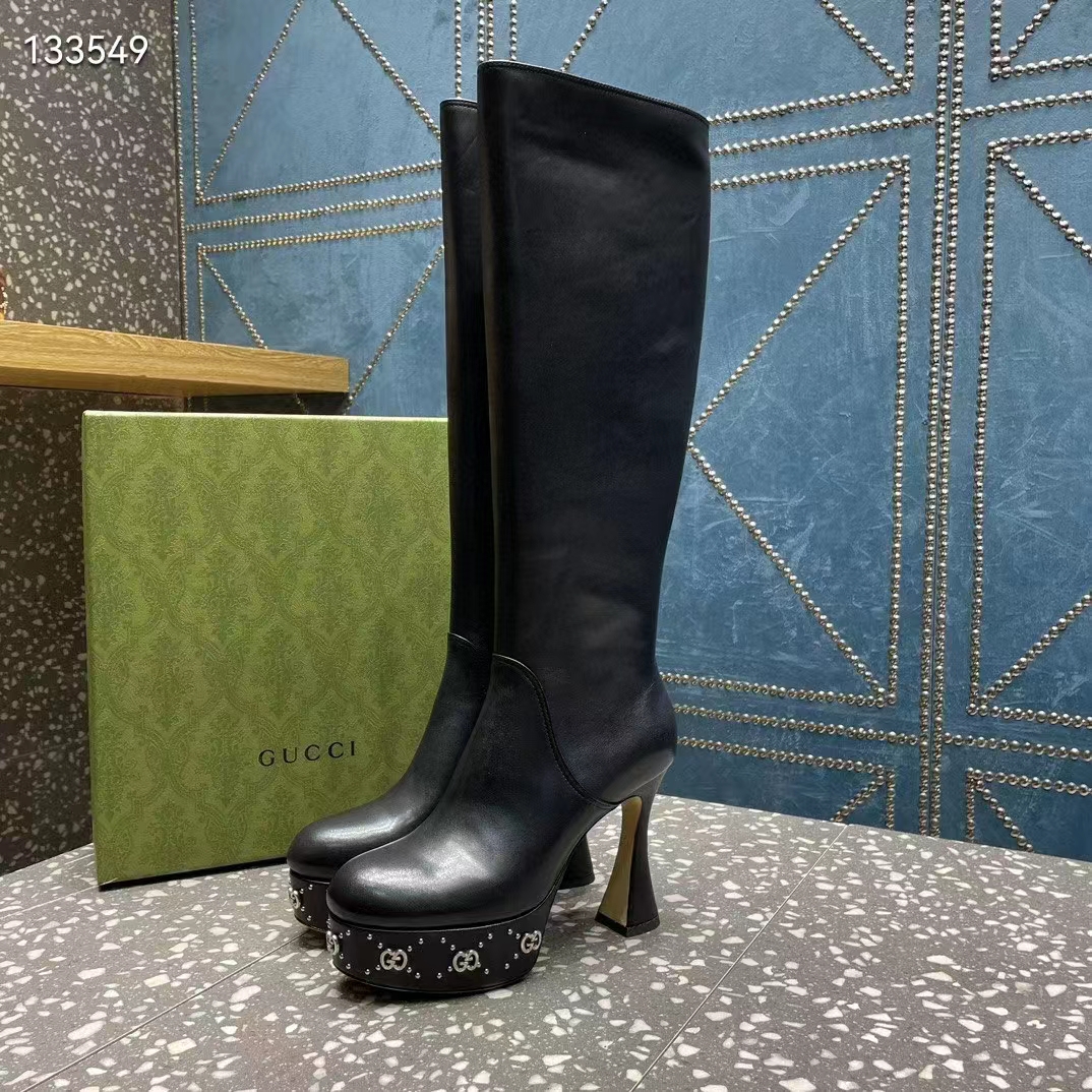 Gucci Women Platform Boot GG Studs Black Leather Spool High 11.4 CM Heel
