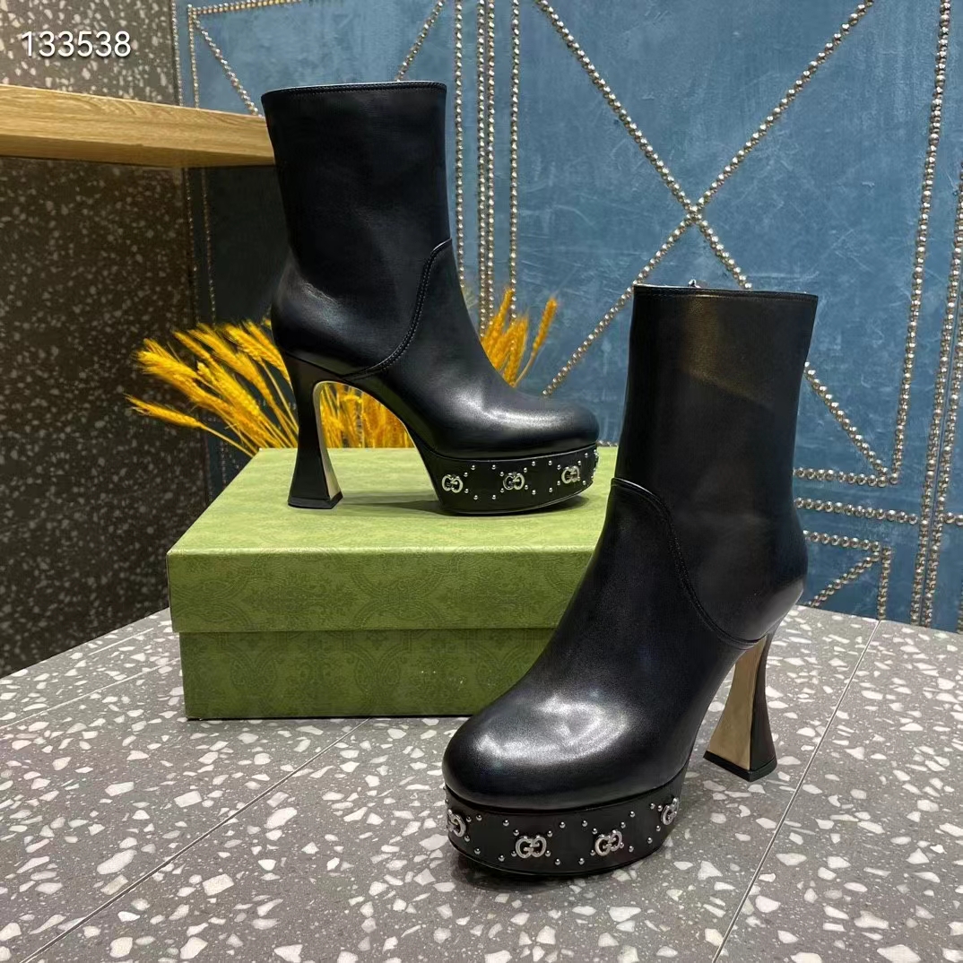 Gucci Women Platform GG Studs Black Leather Spool High 11.4 CM Heel