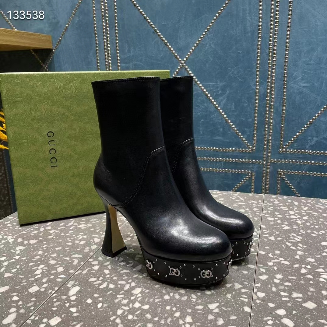 Gucci Women Platform GG Studs Black Leather Spool High 11.4 CM Heel